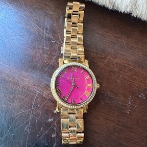 Michael Kors Gold Watch with Fuchsia Dial Needs Battery Wristband 7 inch